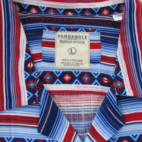 Panhandle Rough Stock Men's LG Short Sleeve Stripe Print Button Shirt Red/Blue/W - Picture 2 of 2